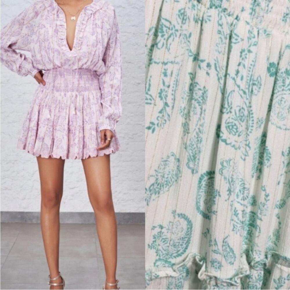House of Harlow 1960 Turquoise Mint Paisley Mini Tiered Long Sleeve Dress Smock